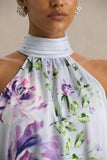 Evita Powder Blue Rose Print High Neck A Line Mini Dress With Bow