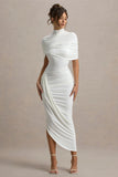 Enchant White Asymmetric Twisted Cape Midi Dress
