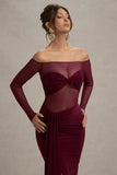 Cover Star Burgundy Mesh Bardot Long Sleeve Draped Maxi Dress
