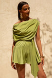 Clydie Olive Satin Asymmetric Playsuit With Tie Waist