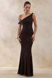 Afina Brown Lace Asymmetric Neck Maxi Dress