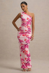 Dalarie Pink and Orange Floral Print One Shoulder Gathered Maxi Dress