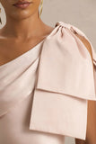 Valerie Light Pink Satin Asymmetric Neck Maxi Dress With Bow Detail