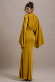 Zuzanna Mustard Draped Maxi Dress With Cape Sleeves