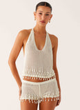 Pearl Shore Beaded Crochet Mini Shorts Ivory