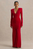 Jewel Red Plunge Neck Maxi Dress With Front Split and Ruched Detailing