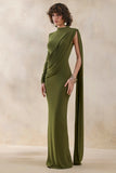 Oliria Olive High Neck Maxi Dress With One Long Sleeve And Sash Detail