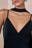 Starling Black Matte Satin Plunge Neck Maxi Dress With Scarf Detail