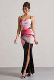 Kali Black Floral Print Cowl Neck Open Back Split Maxi Dress