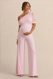 Mariska Light Pink Asymmetric Neck Maternity Jumpsuit With Sash Detail