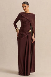 Orintha Brown Slashed Neck Maxi Dress With Cape And Gold Detail