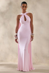 Rhoda Light Pink Twist Halter Neck Cape Maxi Dress