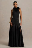 Jemima Black Satin Halter Neck Maxi Dress With Feather Trim