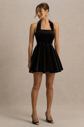 Mirage Black Velvet Halter Neck Mini Dress With Skater Skirt