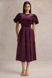 Seraphic Burgundy Velvet Puff Sleeve Midi Dress