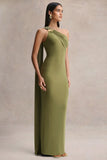 Mandy Olive Asymmetric Neck Maxi Dress With Gold Detail