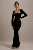 Morana Black Velvet Square Neck Long Sleeve Maxi Dress