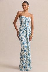 Ali Blue Porcelain Print Sweetheart Ruched Wrap Maxi Dress