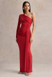 Anne Red Asymmetric Neck Wrapped Maxi Dress With Sash