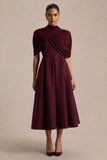 Thalia Burgundy High Neck Midi Dress With Sheer Mesh Cape