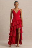 Bogota Red Plunge Neck Maxi Dress With Ruffling Details And Front High Split