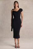 Mirelda Black Asymmetric Neck Midi Dress With Gold Detail