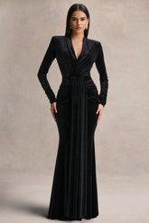 Halima Black Velvet Plunge Neck Maxi Dress With Gathered Detailing