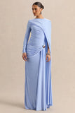 Orintha Powder Blue Wide Neck Maxi Dress With Cape And Gold Detail