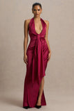 Lynette Burgundy Satin Plunge Neck Maxi Dress With Asymmetric Hem