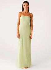 Sassafras Beaded Flower Strapless Maxi Dress Lime