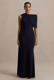 Tiana Navy Asymmetric Neck Maxi Dress With Drape Detail