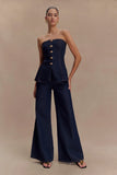 Lennox Strapless Long Line Button Top Indigo Blue