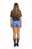 Mollie Mid Wash Denim Low Rise Stud Denim Shorts