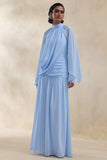 Narella Blue Chiffon High Neck Maxi Dress With Draped Detailing