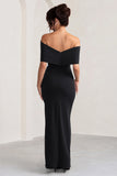 Eva Black Bardot Bow Detail Maxi Dress With Thigh Split