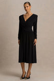 Alexis Black Plunge Neck Midi Dress With Draped And Ruched Detailing