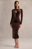 Francine Brown Velvet Round Neck Midi Dress With Cut Out Details