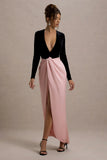 Love Spell Black Velvet Plunge Neck Maxi Dress With Pink Satin Skirt