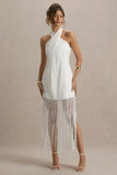 Fiametta Ecru Linen Halter Neck Fringe Maxi Dress