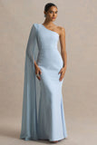Athens Powder Blue Asymmetric Neck Maxi Dress With Cape Sleeve Detail