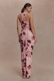 Alessandra Slinky Ruffle Maxi Dress Pink Blurred Floral Print