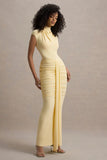 Lorenza Pale Lemon High Neck Ruched Maxi Dress With Draped Skirt