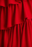 Bogota Red Plunge Neck Maxi Dress With Ruffling Details And Front High Split