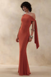 Vista Rust Asymmetric Neck Maxi Dress With Knot Sleeve Detail