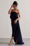 Upon A Time Navy Ruched Bandeau Midi Dress With Cape