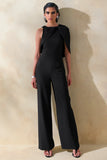 Quinley Black Asymmetric Neck Jumpsuit With Cape Sleeve