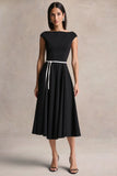 Nataline Black Round Neck Midi Dress With White Belt Detail
