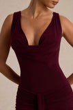 Mallie Burgundy Cowl Neck Maxi Dress With Open Back And Gathered Detailing