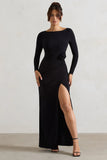 Makayla Black Long Sleeve Wrap Maxi Dress With Corsages