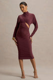 Pandora Burgundy Long Sleeve Midi Dress With Cut Out